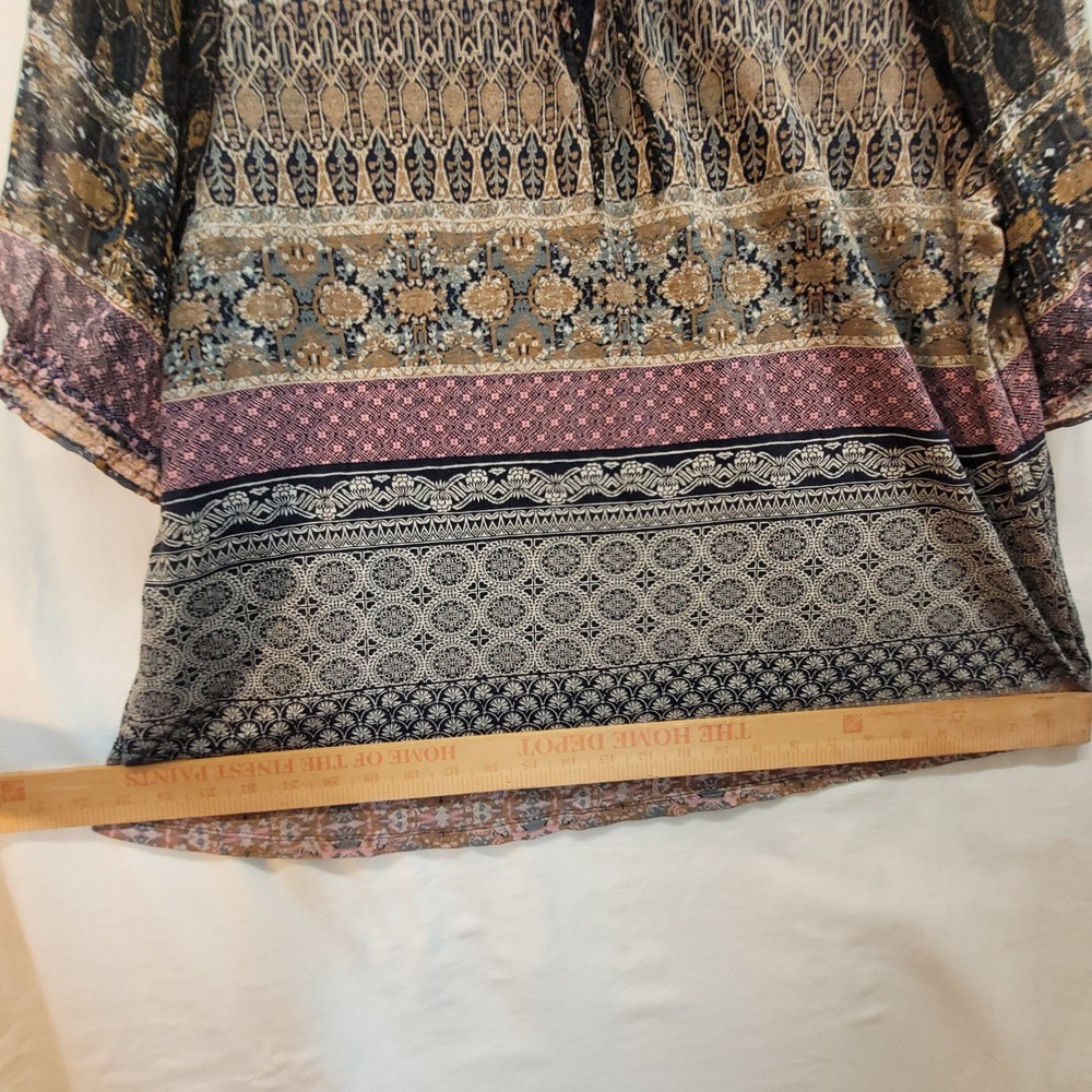 Lucky Brand Womens XL Mixed Border Print Boho Ruffle Tie Neck 3/4 Sleeve Blouse - Picture 9 of 11